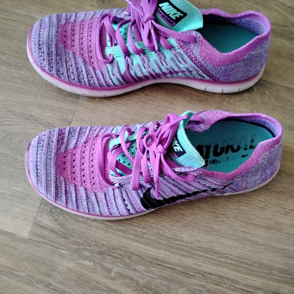NIKE Free RN Flyknit Purple Fuchsia Turq Running Shoes Youth Girls Sz 5Y